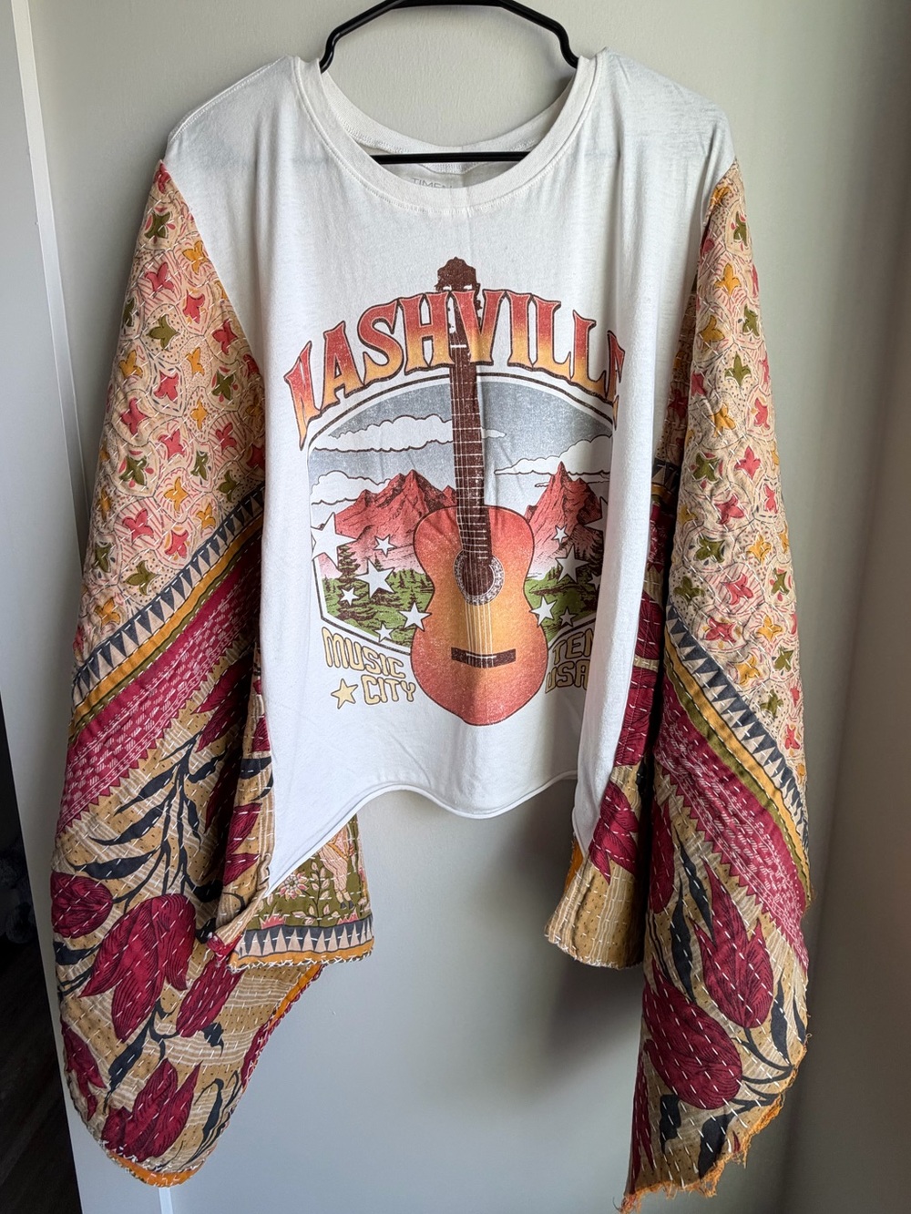 Upcycled White Nashville Graphic Tee with MulticolorSleeves OSFM
